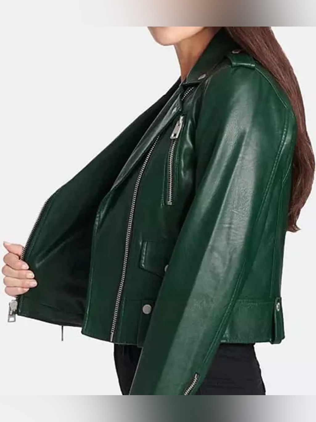 Lamarque Emerald Green Leather Moto Jacket